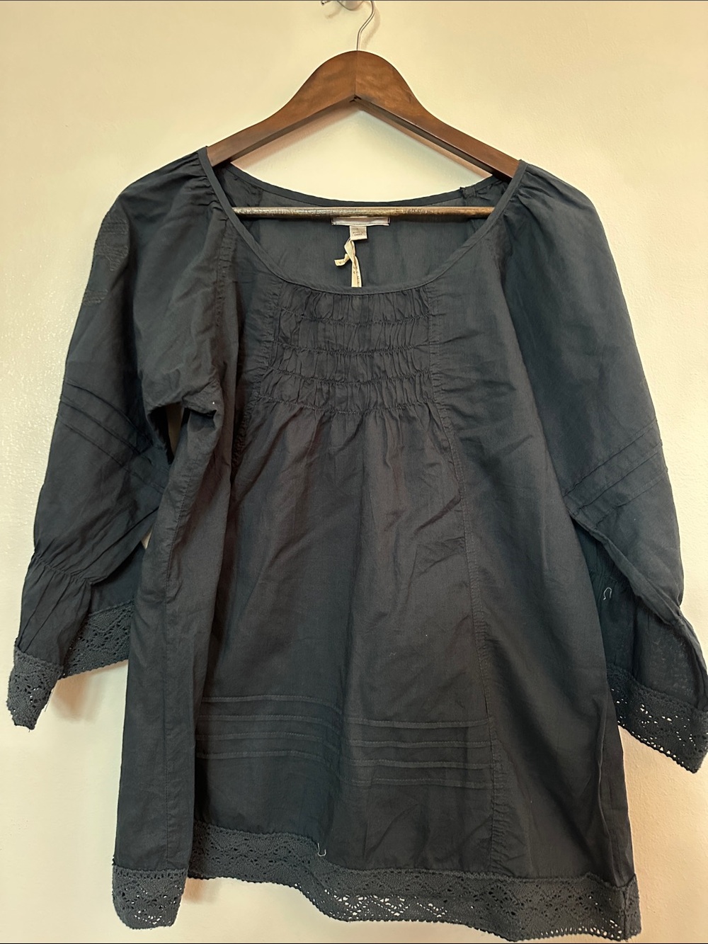 Kenar Charcoal Navy Peasant Tunic with Crochet Trim